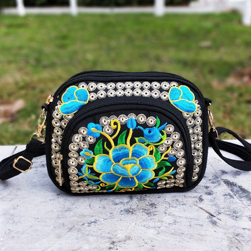 Women's Crossbody Bag - Embroidered Floral Design, Lightweight Canvas with Polyester Lining - Casual & Travel | Removable Strap | Zipper Closure & Phone Pocket