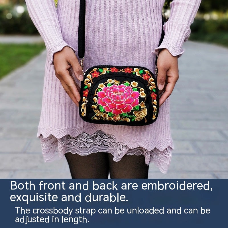 Women's Crossbody Bag - Embroidered Floral Design, Lightweight Canvas with Polyester Lining - Casual & Travel | Removable Strap | Zipper Closure & Phone Pocket