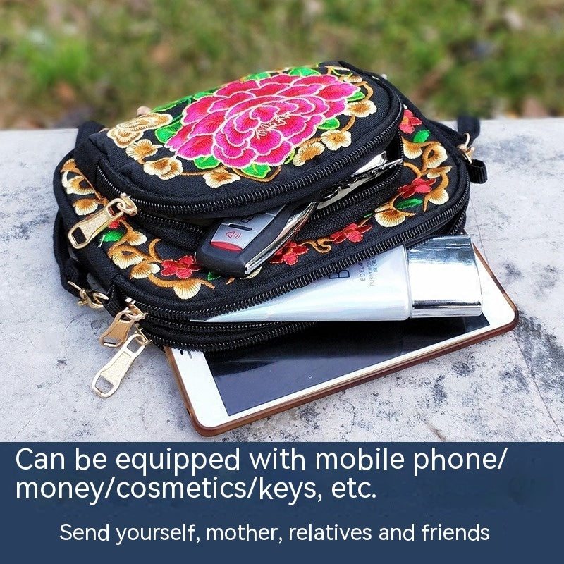 Women's Crossbody Bag - Embroidered Floral Design, Lightweight Canvas with Polyester Lining - Casual & Travel | Removable Strap | Zipper Closure & Phone Pocket