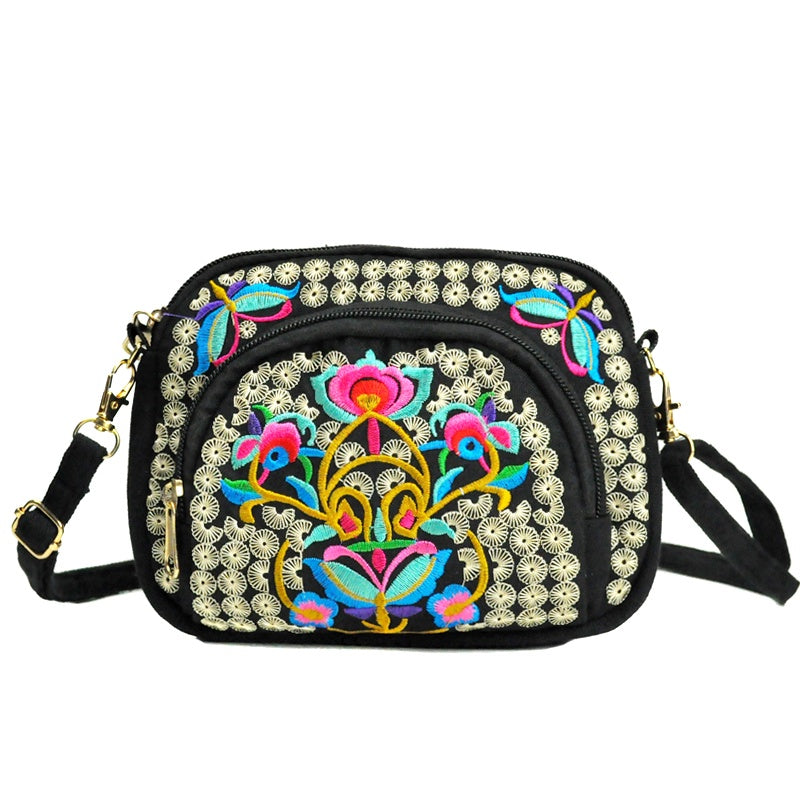 Women's Crossbody Bag - Embroidered Floral Design, Lightweight Canvas with Polyester Lining - Casual & Travel | Removable Strap | Zipper Closure & Phone Pocket