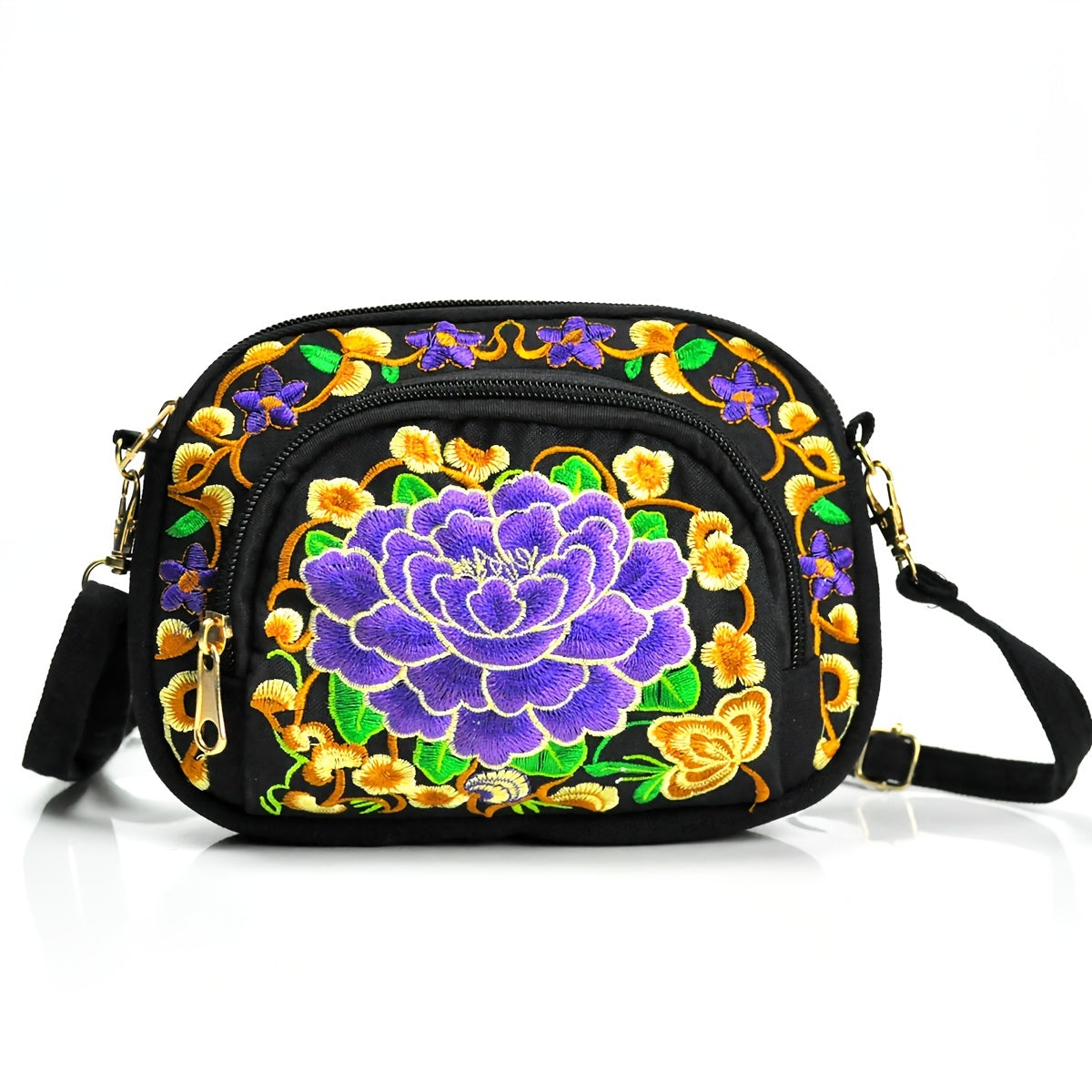 Women's Crossbody Bag - Embroidered Floral Design, Lightweight Canvas with Polyester Lining - Casual & Travel | Removable Strap | Zipper Closure & Phone Pocket