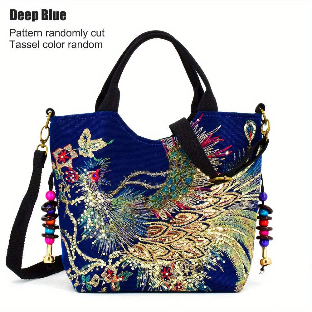 Wo 'S Embroidered Satchel Bag, Fashion Double Handle Purse, Retro Style Handbag with Removable Strap