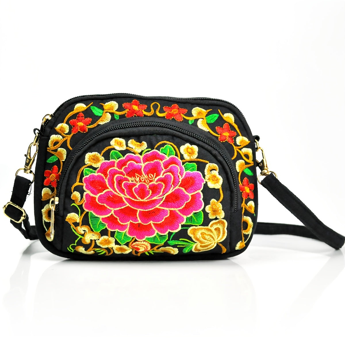 Women's Crossbody Bag - Embroidered Floral Design, Lightweight Canvas with Polyester Lining - Casual & Travel | Removable Strap | Zipper Closure & Phone Pocket