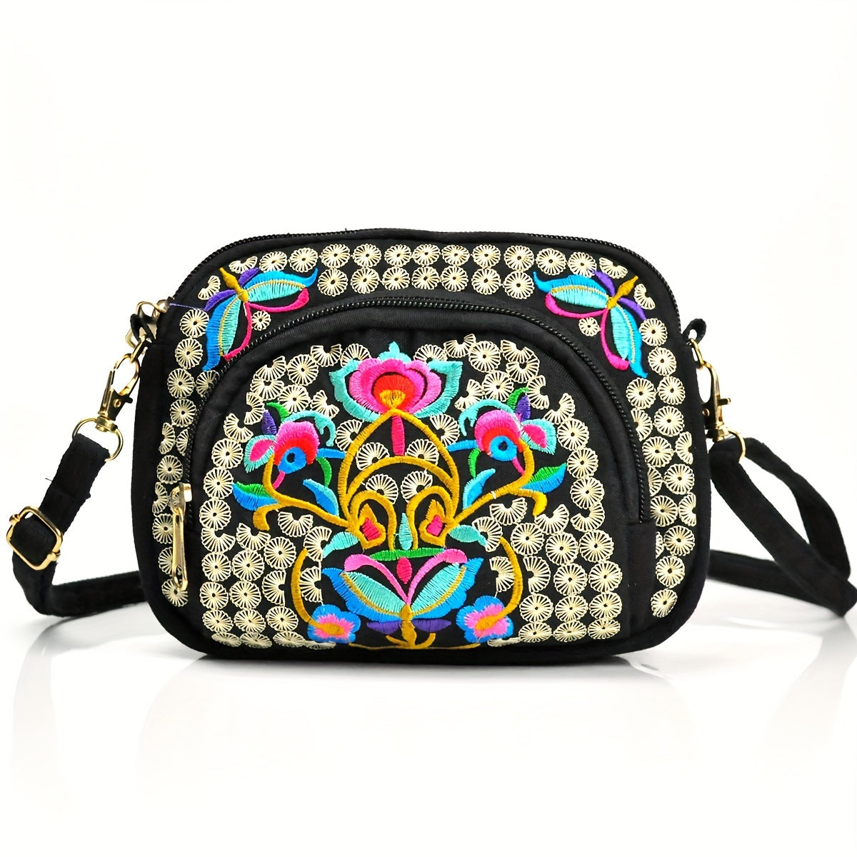 Women's Crossbody Bag - Embroidered Floral Design, Lightweight Canvas with Polyester Lining - Casual & Travel | Removable Strap | Zipper Closure & Phone Pocket