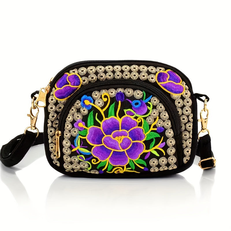 Women's Crossbody Bag - Embroidered Floral Design, Lightweight Canvas with Polyester Lining - Casual & Travel | Removable Strap | Zipper Closure & Phone Pocket
