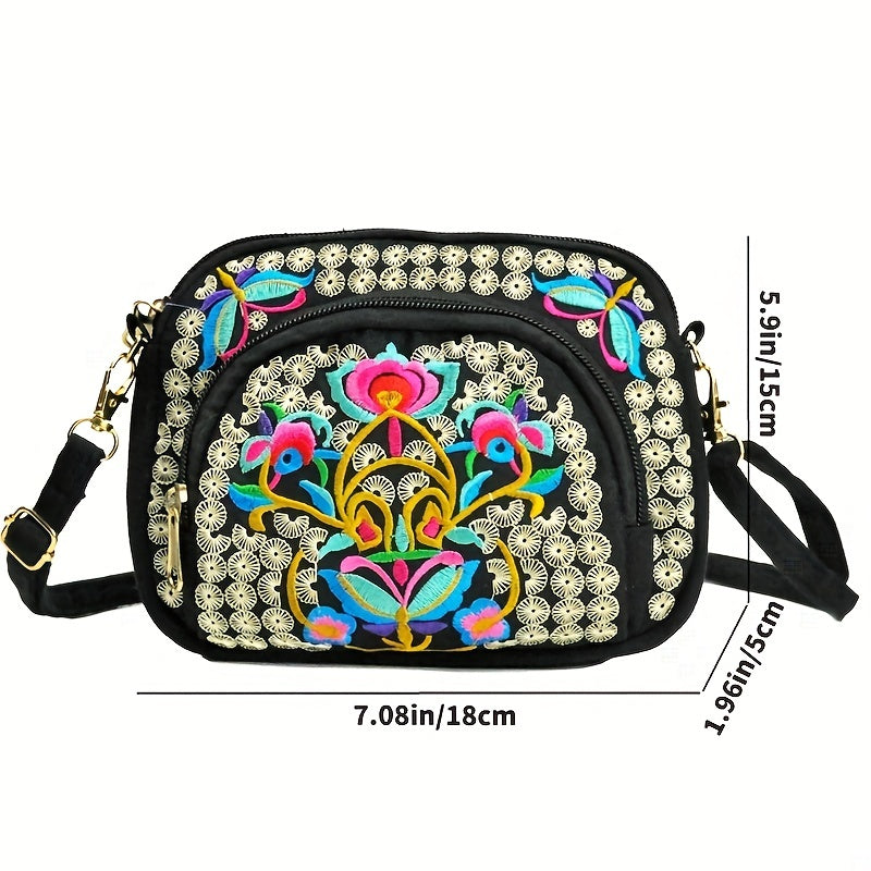 Women's Crossbody Bag - Embroidered Floral Design, Lightweight Canvas with Polyester Lining - Casual & Travel | Removable Strap | Zipper Closure & Phone Pocket